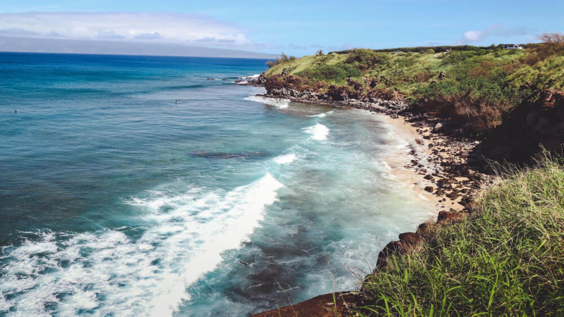 An aerial shot of Slaughterhouse Beach in Maui