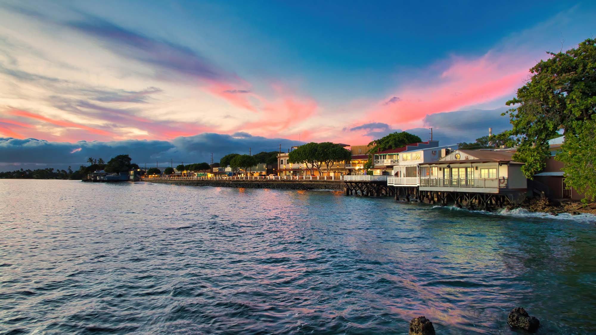 Front Street downtown district in Lahaina on Maui at sunset.