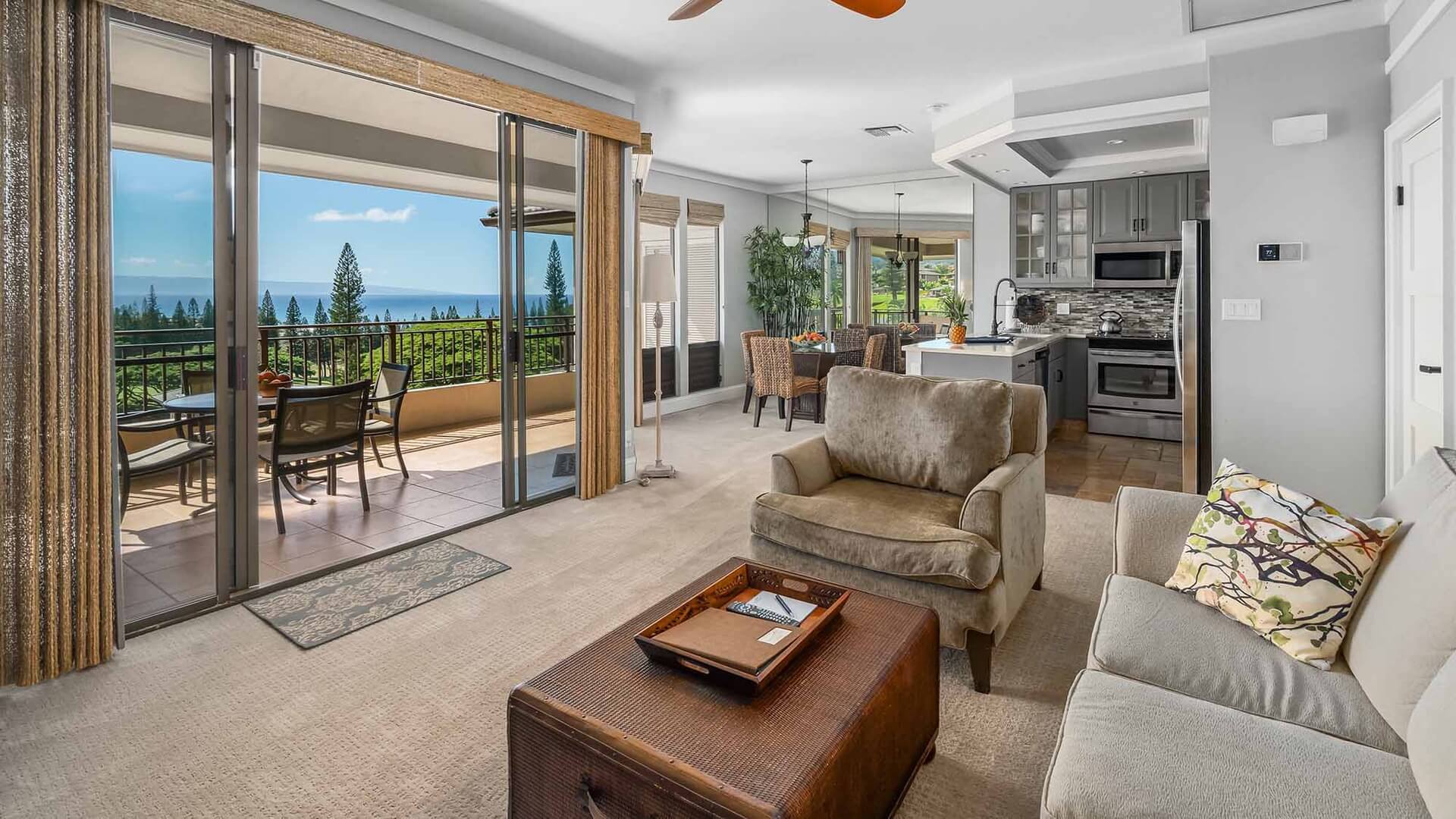 The living room which opens up to the lanai at Kapalua Golf Villa 19V1