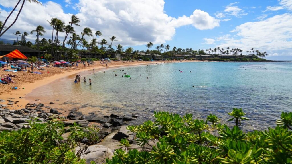 Busy Kaanapali Beach, one of the best beaches for families on Maui