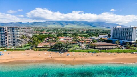 An aerial view of Kaanapali and its beautiful golden beach
