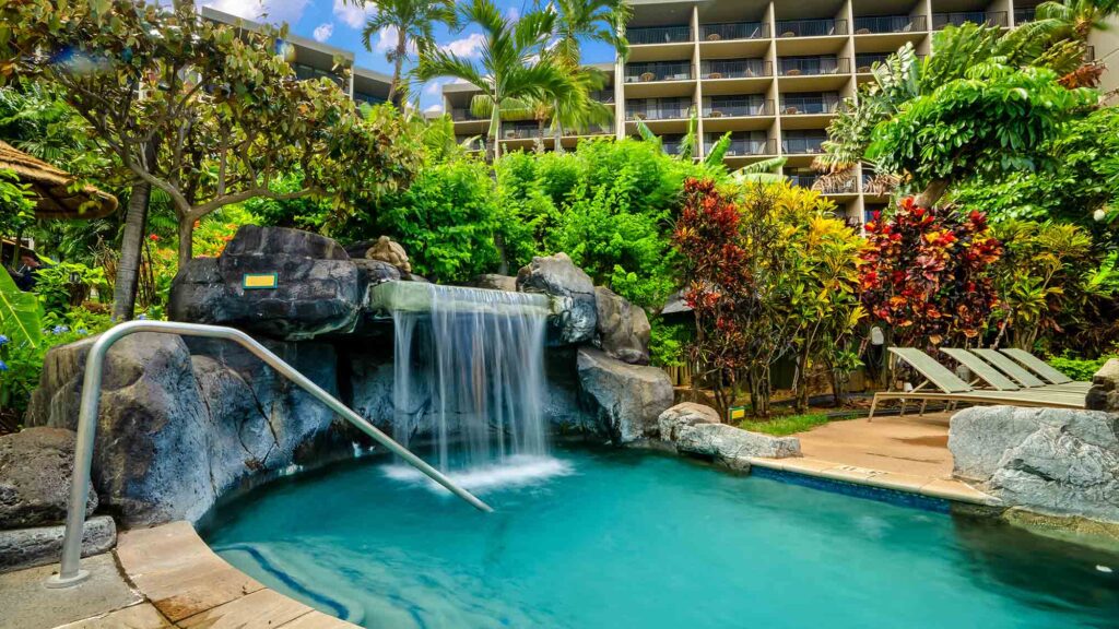 The garden pool with a waterfall at Kaanapali Shores Resort