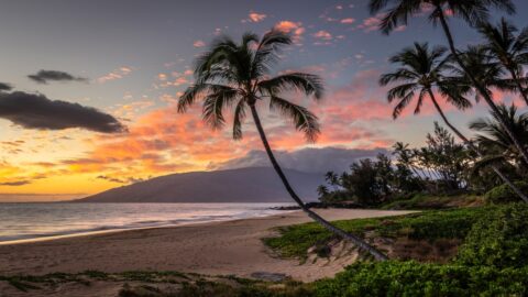 Charley Young Beach at sunset with a purple and orange sky