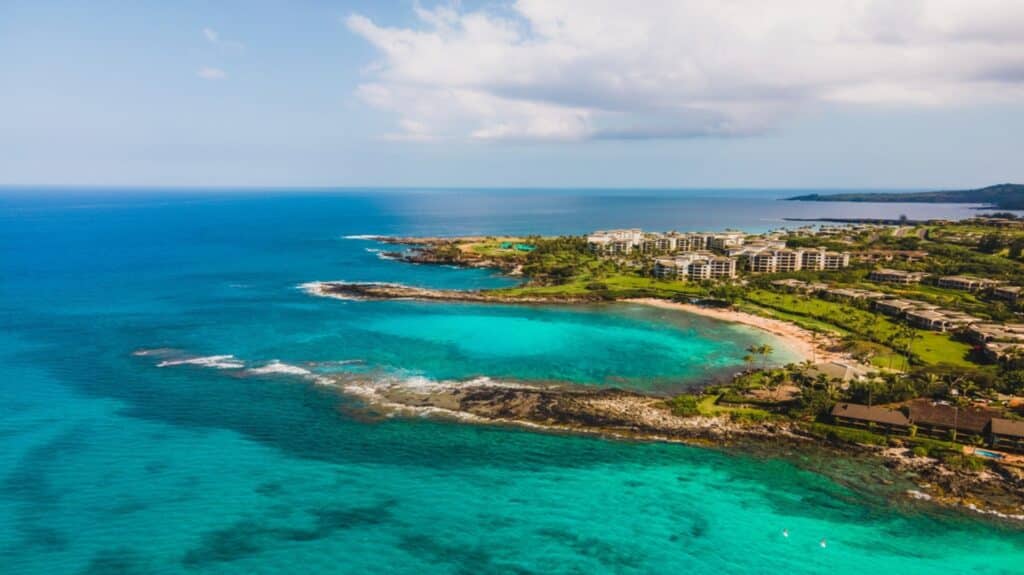An aerial shot of coastal Kaanapali, Maui