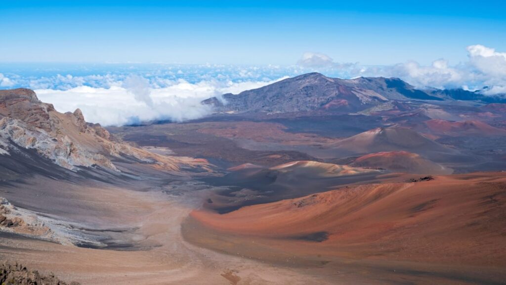 A view of the Haleakala crater above the clouds at Sliding Sands Trail