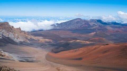 A view of the Haleakala crater above the clouds at Sliding Sands Trail