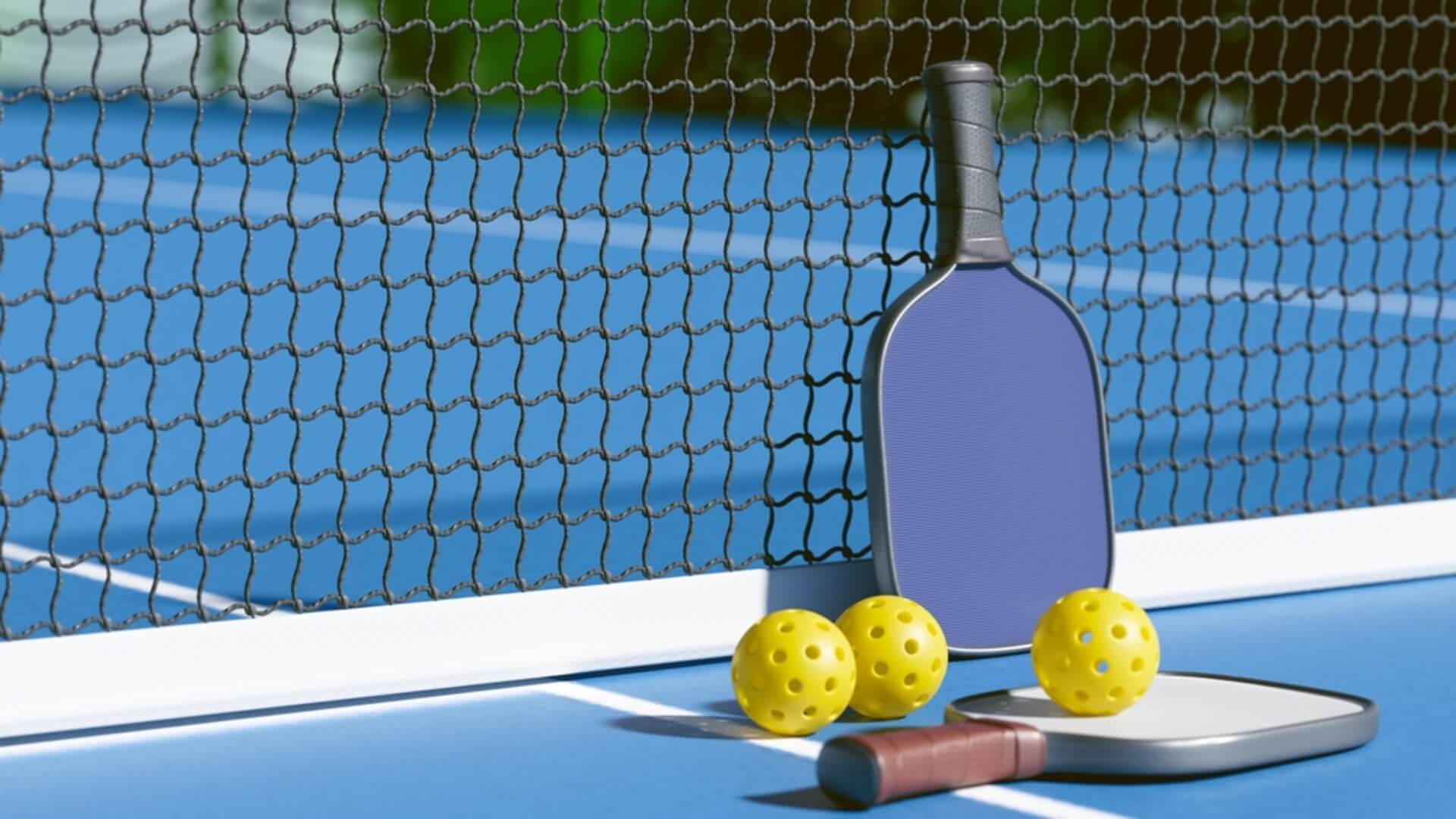 Two pickleball paddles and three pickleballs leaning next to a net on an outdoor pickleball court in Maui