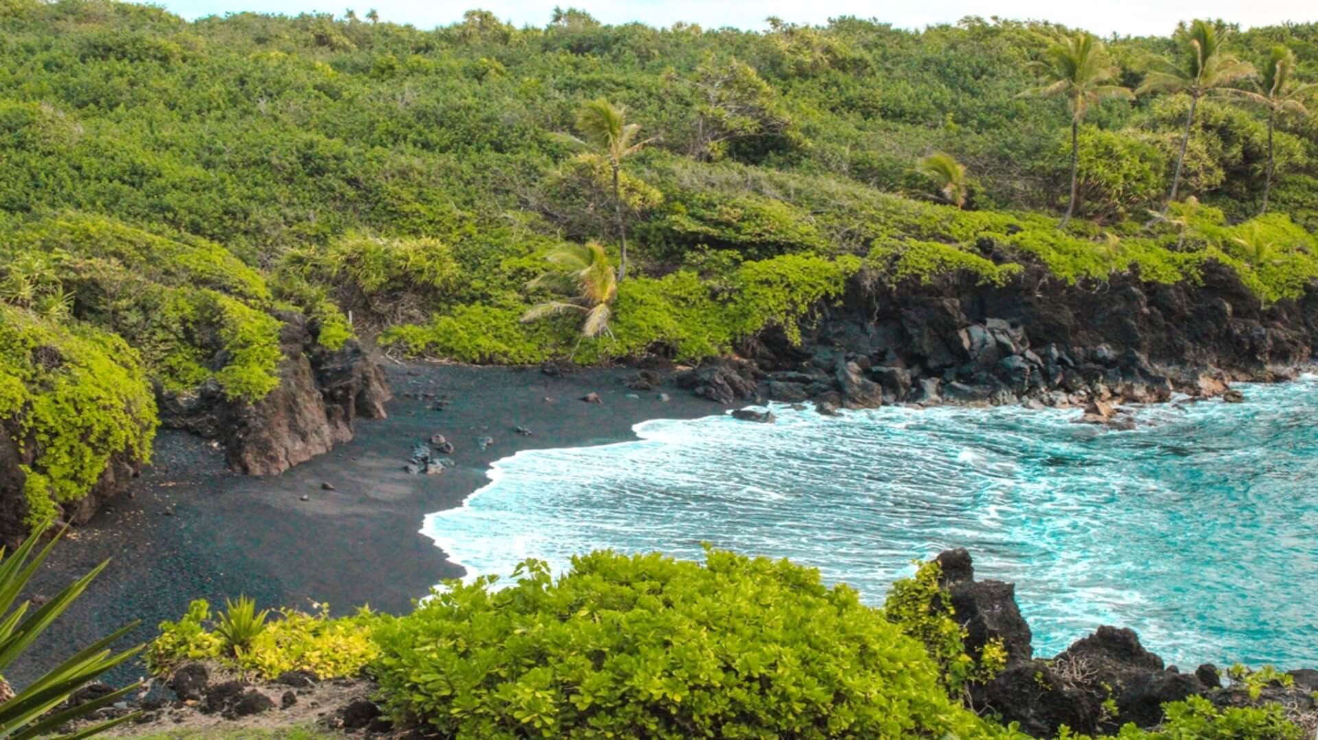 Honokalani Beach, a black sand beach on Maui, surrounded by lush forest and blue water
