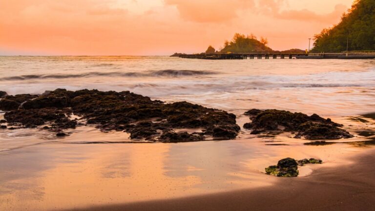Sunset reflecting off the water at Hana Beach on Maui