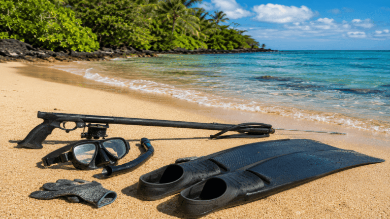 Spearfishing equipment sitting on a beach in Maui
